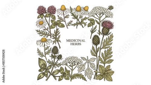 Medicinal herbs frame with clover, chamomile, thistle, and other plants.