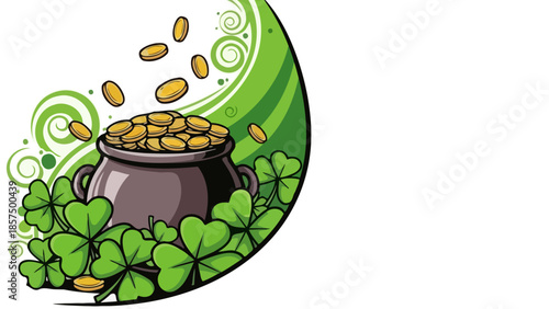 A vibrant illustration of a pot of gold overflowing with coins, surrounded by shamrocks.