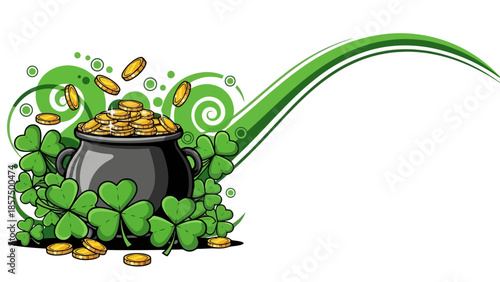 A pot of gold overflowing with coins, surrounded by shamrocks and a green design.