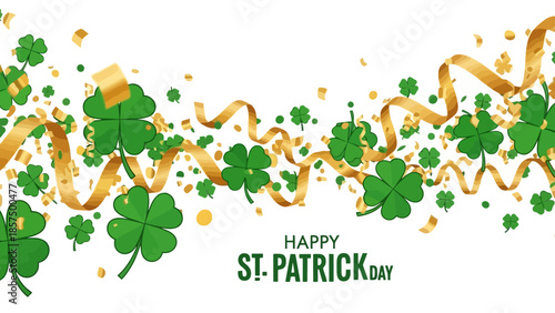 A festive St. Patrick's Day background with green shamrocks and golden confetti.