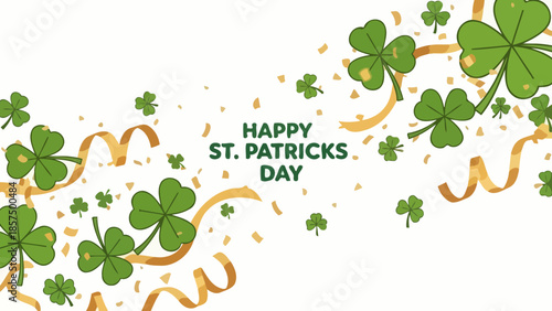Festive St. Patrick's Day design featuring shamrocks, gold ribbons, and celebratory text.