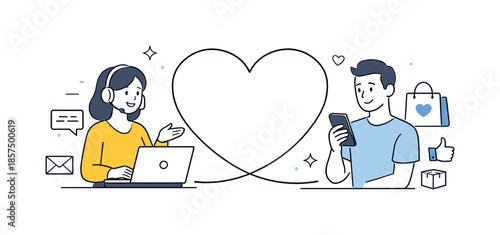 Heartfelt Customer Interaction. Emotional customer engagement. Two characters interacting through a product or service, connected by a heart-shaped line,