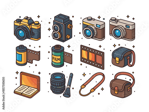 Classic Camera Icons. Classic film photography. Colorful isometric vector icons set of Classic film photography: 35mm film camera, medium format camera,