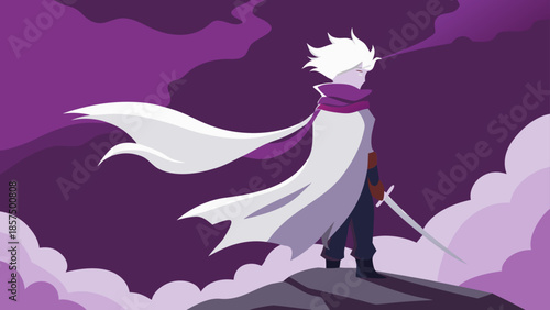 Anime style illustration of a hero with a white cape and sword standing on a mountain peak looking at a purple landscape.