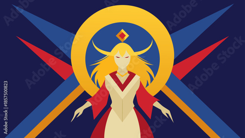 Minimalist flat design illustration of a powerful blonde character with glowing red eyes and a celestial golden halo