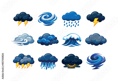 Storm Cloud Icons. Stormy clouds. Colorful flat vector icons set of stormy clouds: dark thundercloud, swirling storm front, heavy rain cloud, lightning bolt