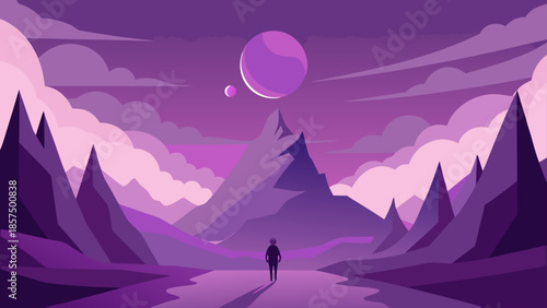 Mysterious purple fantasy landscape illustration showing a lone figure walking through geometric mountains and clouds under a large moon or alien planet