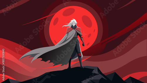 Stylized dark fantasy illustration of a mysterious character with long white hair standing on a peak under a dramatic blood red moon