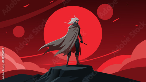 Stylized digital artwork depicting a mysterious character with long white hair and a flowing grey cape standing on a mountain peak against a vibrant red planetary background.