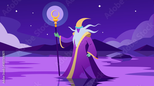 Mystical Wizard Character Illustration Standing in a Serene Purple Landscape Under a Starry Night Sky with a Magic Staff and Crescent Moon Symbol