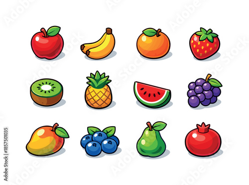 Colorful Fruit Icons. fruits. Colorful isometric vector icons set of fruits: apple, banana, orange, strawberry, kiwi, pineapple, watermelon slice, grapes,