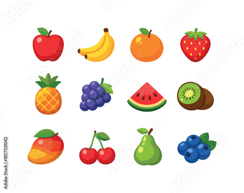 Colorful Fruit Icons. Fruits. Colorful flat vector icons set of fruits: apple, banana, orange, strawberry, pineapple, grapes, watermelon slice, kiwi, mango,