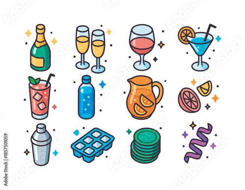 Festive Drink Icons. Celebration drinks. Colorful isometric vector icons set of celebration drinks: champagne bottle, flutes, wine goblet, cocktail glass,