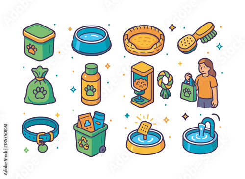 Eco-Friendly Pet Icons. Eco-friendly pet care. Colorful isometric vector icons set of Eco-friendly pet care: reusable pet food container, stainless steel water