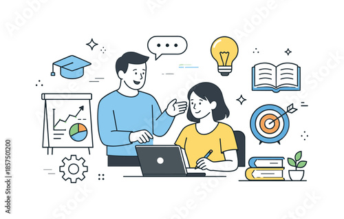 Mentorship and Skill Growth. Employee training and development. A mentor guiding a colleague with charts and learning icons nearby. Supportive growth and