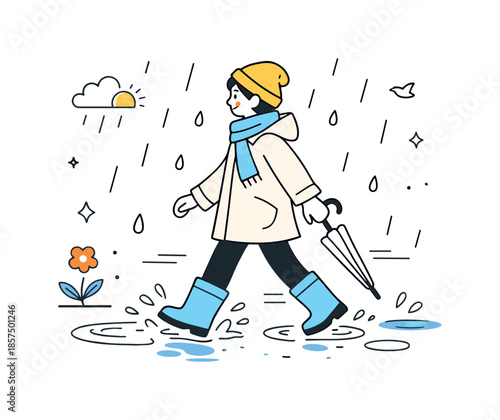 Spring Rain Stroll. Rainy spring walk. A friendly scene of a person in a light coat and boots walking through gentle rain with puddles, small splashes and