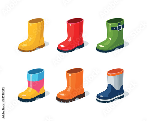 Colorful Rain Boot Icons. Seasonal rain boot vectors. Isometric flat vector icons set of Seasonal rain boot vectors: minimalist solid boots, glossy rubber