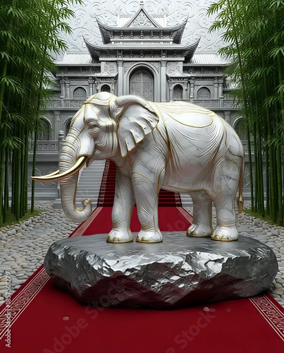 Elephant statue in front of a royal palace 