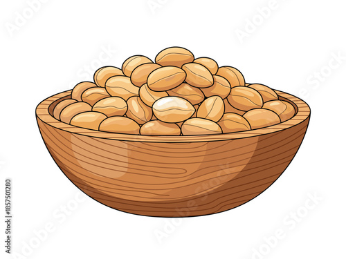 Vector illustration of a wooden bowl filled with almonds on a white background
