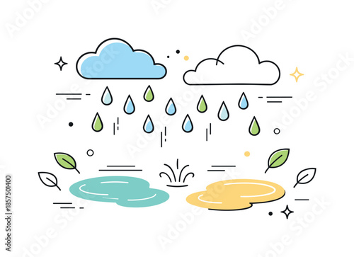 Spring Rain Illustration. Rainy spring day. Abstract composition of rain clouds, drops, puddles, and small leaves arranged in a balanced layout. Modern