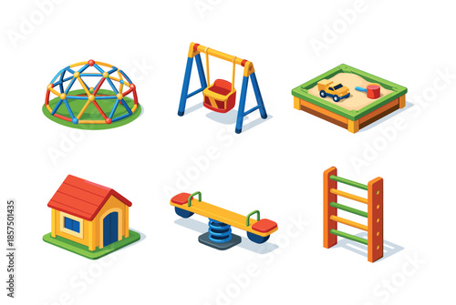 Kids Playground Icons. Kids outdoor play icons. Isometric flat vector icons set of kids outdoor play icons: climbing dome, swing with toddler seat, sandbox