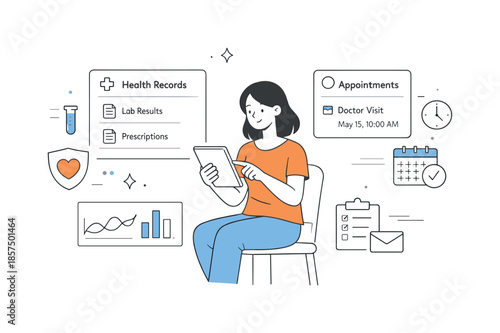 Digital Health Control. Digital healthcare platform. A patient browsing health records and appointments on a clean interface. Sense of clarity and control,