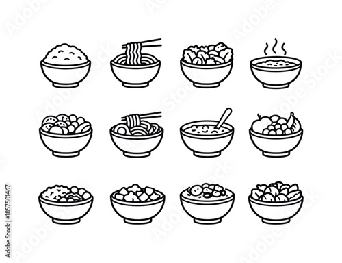 Food Bowl Icons. Food Bowl. Line icon set of Food Bowl: bowl with rice, noodle bowl, salad bowl meal, soup bowl steam, poke bowl, ramen bowl, cereal bowl milk,