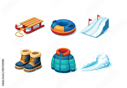Winter Activity Icons. Outdoor winter activities. Isometric flat vector icons set of outdoor winter activities: sled with rope, snow tube ring, downhill track,