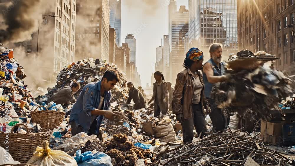 Sort Garbage People People sort garbage in polluted city with smoke and skyscrapers ...
