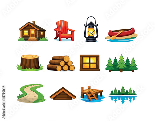Lakeside Cabin Icons. lakeside cabins. Colorful flat vector icons set of lakeside cabins: wooden cabin, porch chair, lantern light, canoe on shore, stump