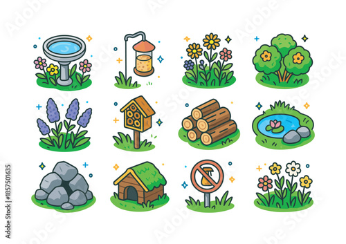 Wildlife Garden Icons. Wildlife friendly garden. Colorful isometric vector icons set of Wildlife friendly garden: bird bath in flower bed, bird feeder pole,