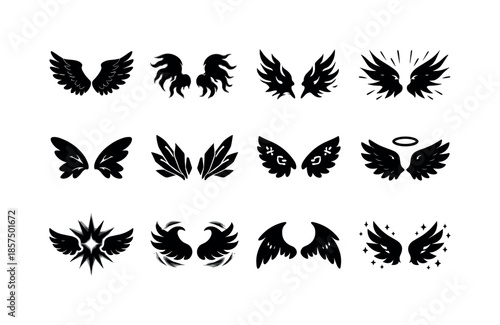 Fantasy Wings Icon Set. Fantasy wing forms. Solid icon set of fantasy wing forms: celestial wings, spirit wings, energy wings, glowing wings, ethereal wings,