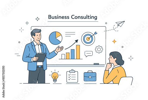 Consultant Insight Presentation. Business consulting overview. A consultant presenting insights on a clean board to a client. Professional guidance and