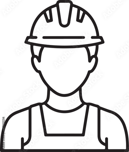 A minimalist black and white vector line icon representing a male construction worker or engineer, featuring a safety hard hat and industrial overalls in a clean, professional style.