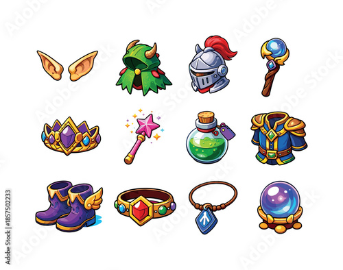 Fantasy Outfit Icons. Fantasy outfits. Colorful isometric vector icons set of fantasy outfits: elf ears, dragon cape, knight helmet, wizard staff, enchanted