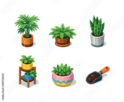 Indoor Plant Icons. Indoor greenery. Isometric flat vector icons set of Indoor greenery: tall floor plant, tabletop fern, snake plant pot, plant stand,