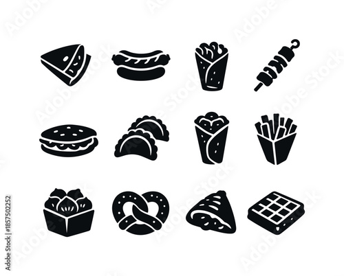 European Street Food Icons. European street food. Solid icon set of European street food: crepe, bratwurst, gyro wrap, meat skewer, flatbread sandwich,