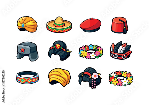 Traditional Headwear Icons. Headwear traditions. Colorful isometric vector icons set of headwear traditions: turban, sombrero, beret, fez, ushanka, hanbok