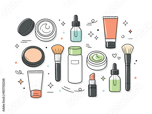 Modern Beauty Aesthetic. Makeup and skincare flat lay. A balanced top-view scene with cosmetic jars, tubes and brushes evenly spaced, expressing order, clarity
