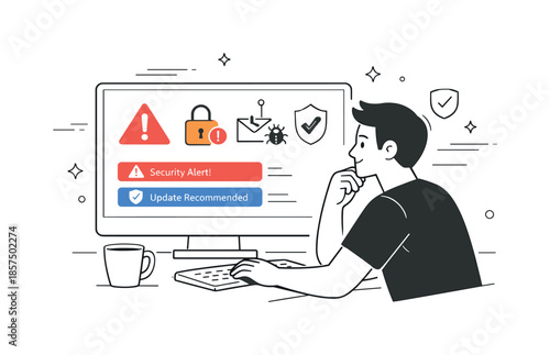 Cybersecurity Alert Awareness. Cybersecurity awareness. Person reviewing warning icons and security notifications on a screen, staying alert and informed