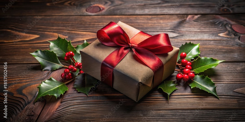Fototapeta premium A thoughtfully wrapped gift, adorned with a rich red ribbon, rests on a rustic wooden surface, surrounded by vibrant holly sprigs and glistening berries.