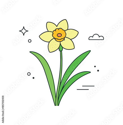 Minimalist Daffodil Elegance. Spring flower editorial illustration. Minimal daffodil with gently curved leaves, expressing simplicity and calm growth. Soft