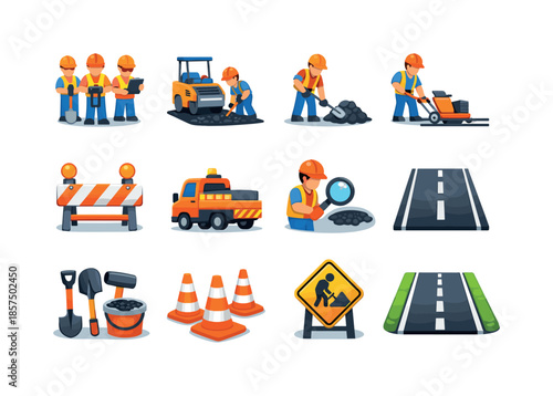 Road Maintenance Icons. Road Maintenance. Colorful flat vector icons set of Road Maintenance: road repair crew, asphalt resurfacing, pothole fix,