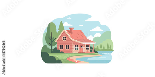 A summer landscape illustration of a cartoon cottage house on a hill with a green garden and blue sky vector design