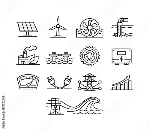 Green Energy Icons. Green power generation. Line icon set of Green power generation: solar array, wind turbine, hydro turbine, geothermal well, biomass plant,