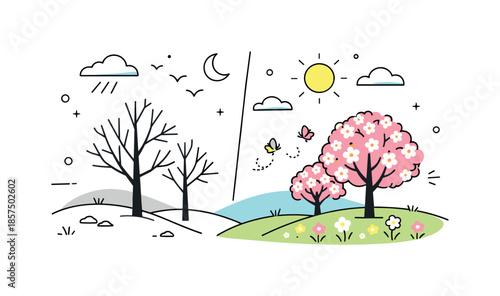 Spring Arrives. Seasonal transition landscape. A simple landscape with bare trees on one side and blooming trees on the other, visually telling the story of