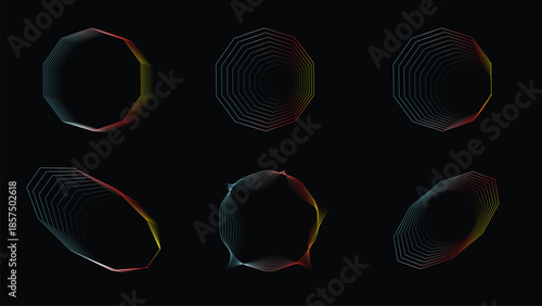 Array of dynamic colored polygonal and fluid shapes created by fine lines on a deep black background