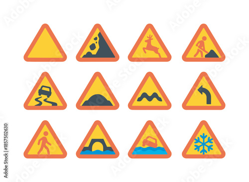 Colorful Warning Icons. Warning signs. Colorful flat vector icons set of Warning signs: caution triangle, falling rocks sign, animal crossing sign, roadwork
