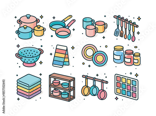 Colorful Cookware Display. Color coordinated cookware display. Colorful isometric vector icons set of color coordinated cookware display: pastel pot set,