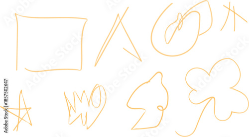 Variety of simple orange hand drawn shapes and playful scribbles scattered across a white surface